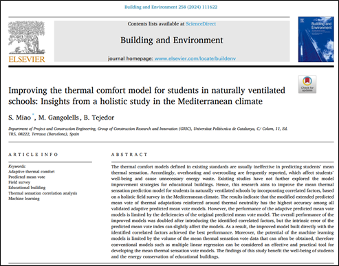 The IAQ4EDU project has developed the thermal comfort model for primary and secondary school students in Catalonia